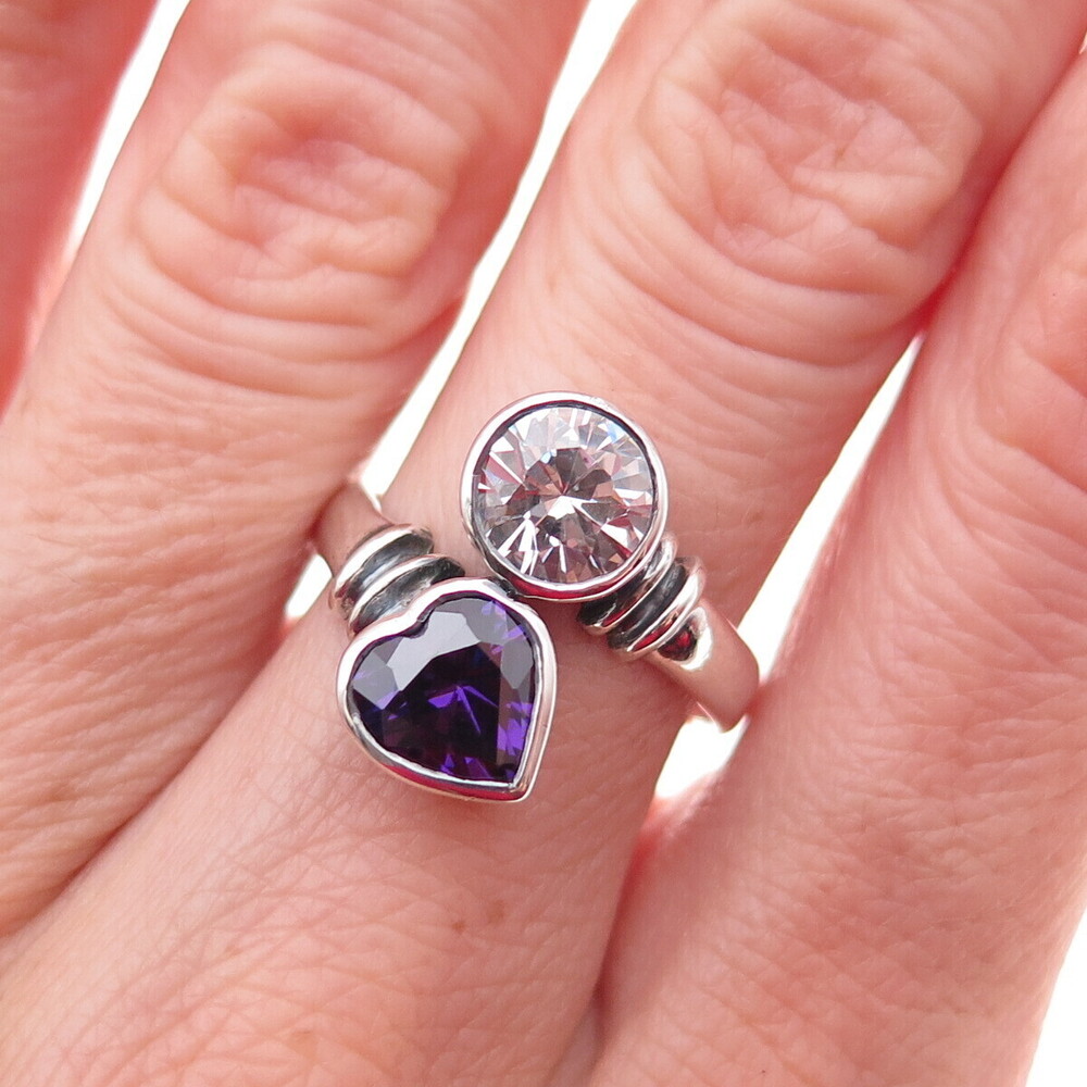 Charles Winston Sterling Silver Vintage Purple & White C Z Heart Ring Size 7.5